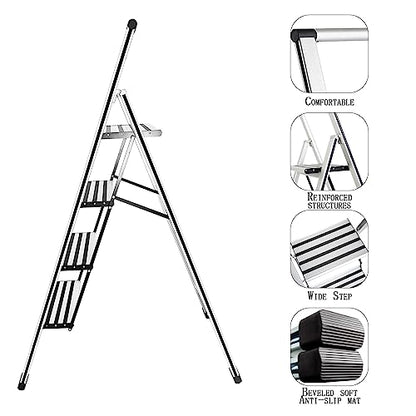 4 Step Ladder 4 Step Folding Step Stool with Handrails Wide Work Platform, Aluminum A Frame Ladder, 7KG Portable Ladder, Lightweight Ladder for Kitchen Home Work Library House Indoor