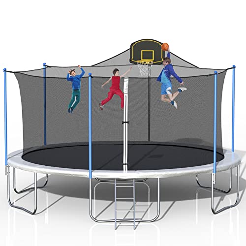 Tatub 15 16 FT Trampoline with Enclosure Net, Basketball Hoop and Ladder, Outdoor Family Jumping Trampoline for 6-8 Kids Light Grey