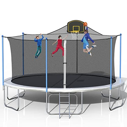 Tatub 15 16 FT Trampoline with Enclosure Net, Basketball Hoop and Ladder, Outdoor Family Jumping Trampoline for 6-8 Kids Light Grey