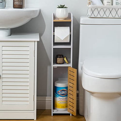 AOJEZOR Toilet Paper Holder Stand, Small Bathroom Storage Cabint (30''H Small Size(fit Small roll), Pure White/Bamboo)