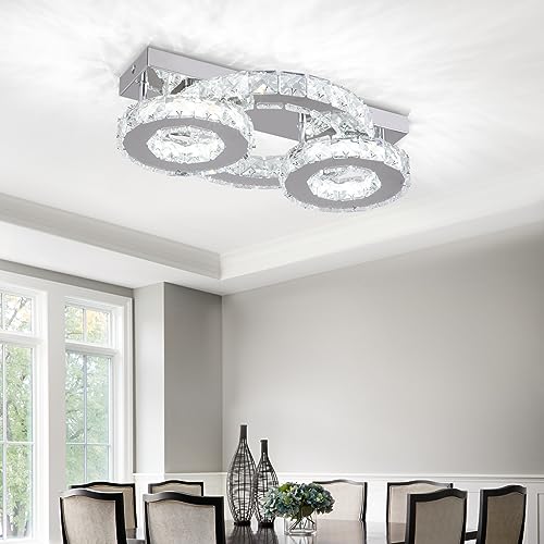 Zenouidle Dimmable Crystal Chandelier Modern Crystal Ceiling Light 3 Rings LED Flush Mount Celiling Light Fixture for Dining Room Bedroom Living Room