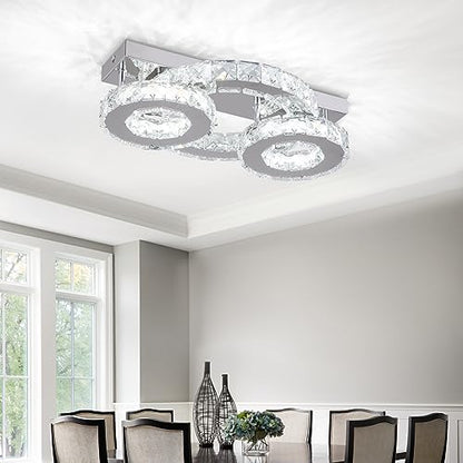 Zenouidle Dimmable Crystal Chandelier Modern Crystal Ceiling Light 3 Rings LED Flush Mount Celiling Light Fixture for Dining Room Bedroom Living Room