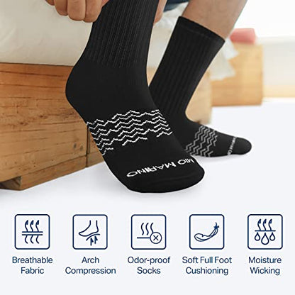 Marino Men's Performance Crew Socks - Mens Athletic Black & White Socks - Moisture Control Multi-Pack - Black - 12 Pack - (10-13)