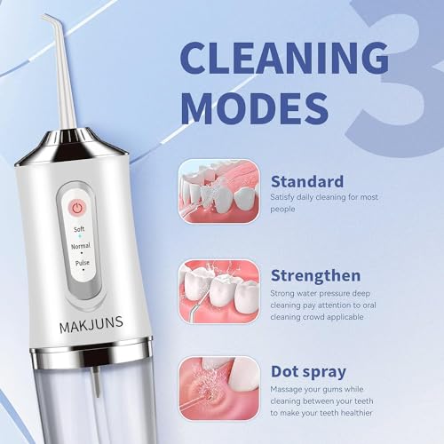Water-Flosser-Cordless-Teeth-Cleaner MAKJUNS Water Dental Flosser with 3 Modes 4 Jets Rechargeable IPX7 Waterproof Dental Oral Irrigator for Travel Home Braces(Luxury White)