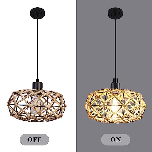 uznhty Rattan Pendant Lights Kitchen Island Woven Boho Chandelier Farmhouse Hanging Lighting Hemp Rope Adjustable Semi Flush Mount Ceiling Light Rattan Light Fixture for Dinning Room Bedroom Hallway