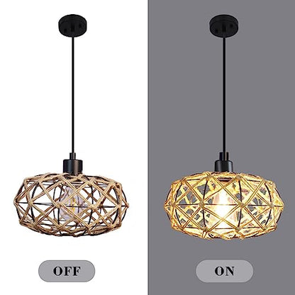 uznhty Rattan Pendant Lights Kitchen Island Woven Boho Chandelier Farmhouse Hanging Lighting Hemp Rope Adjustable Semi Flush Mount Ceiling Light Rattan Light Fixture for Dinning Room Bedroom Hallway