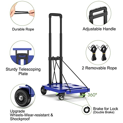 SPACEKEEPER Foldable Hand Truck Dolly, 265 LB Folding Luggage Cart with Wheels, Portable Flatbed Cart Collapsible Hand Truck for Luggage, Travel, Moving, Shopping, Office Use, Blue