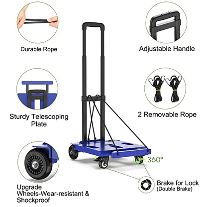 SPACEKEEPER Foldable Hand Truck Dolly, 265 LB Folding Luggage Cart with Wheels, Portable Flatbed Cart Collapsible Hand Truck for Luggage, Travel, Moving, Shopping, Office Use, Blue