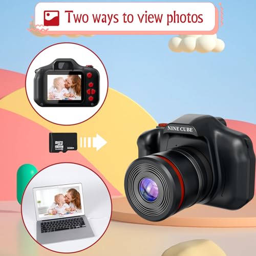 Kids Digital Camera, NINE CUBE Black Toddler Camera for Age 3-7 Kids, Best Gift for Girls Boys Long Lens Toy Video Camera,Mini Toys Gift for 3 4 5 6 Years Old,Children's Digital Camera with 32G Card
