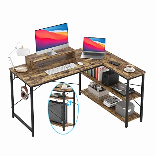 47 INCH L Shaped Computer Desk with Storage, Heavy Duty Home Office Desks with Monitor Stand, Corner Desk for Small Space Bedroom Study Writing Workstation PC Table, Easy to Assemble, Rustic Brown
