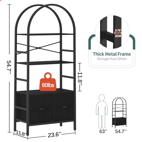 Yoobure Arched Bookshelf with Drawers, 4 Tier Book Shelf Storage Shelves, Industrial Bookcase Book Organizer for Bedroom Office, Tall Metal Bookshelves, Open Book Case Display Standing Shelf Unit