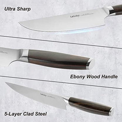 Lebabo 8 Inch Chef's Knife Professional, Kitchen Chef Knife, 9Cr18MoV 5-Layer Alloy Clad Steel, Ultra Sharp Meat Paring Knives for Kitchen & Restaurant, Ebony Wood Ergonomic Handle, Gift Box