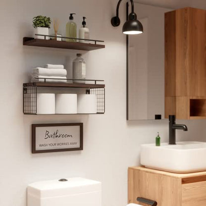 WOPITUES Floating Shelves with Bathroom Wall Décor Sign, Wood Floating Bathroom Shelves over Toilet with Toilet Paper Storage Basket Set of 3, Floating Shelf with Guardrail for Wall Décor–Rustic Brown