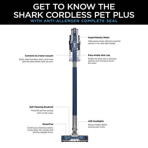Shark IZ361H Pet Plus Anti-Allergen Cordless Stick Vacuum, Lightweight with Self-Cleaning Brushroll, PowerFins, Removable Handheld, Crevice, Upholstery, & Anti-Allergen Tools, 40 Min Runtime, Blue