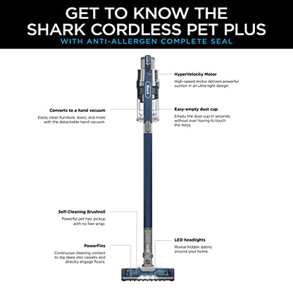 Shark IZ361H Pet Plus Anti-Allergen Cordless Stick Vacuum, Lightweight with Self-Cleaning Brushroll, PowerFins, Removable Handheld, Crevice, Upholstery, & Anti-Allergen Tools, 40 Min Runtime, Blue