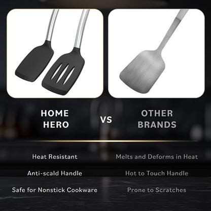 Home Hero 2 Pcs Kitchen Utensils Set - Heat Resistant Stainless Steel & Silicone Spatula - Spatula Set for Nonstick Cookware - Slotted & Solid Spatula Set for Kitchen Use - (2Pcs - Black)