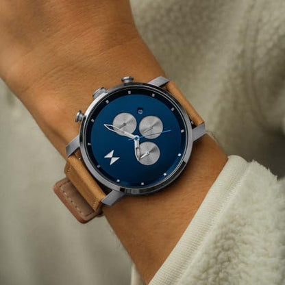 MVMT Chrono Men's Manta Blue Stainless Steel Case Watch with Brown Leather Strap, 45MM (Model: 28000288)
