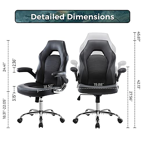 Office Chair, Gaming Chair Ergonomic Desk Chair Computer Chair PU Leather Executive Swivel Chair with Flip-up Armrests and Lumbar Support for Working, Studying, Gaming, Grey
