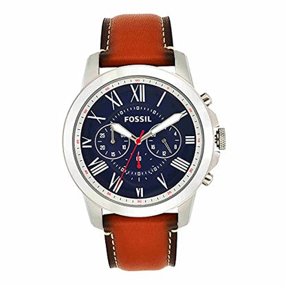 Fossil Men's Grant Quartz Stainless Steel and Leather Chronograph Watch, Color: Silver, Luggage (Model: FS5210)