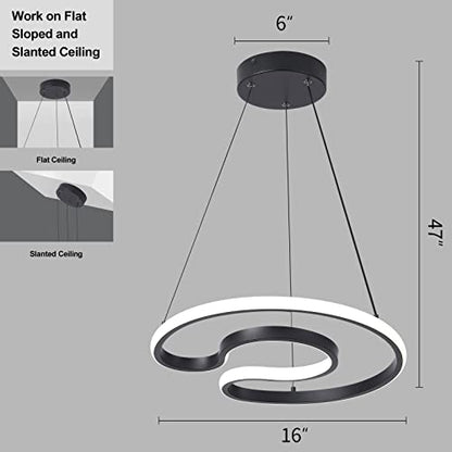 Afaoel Modern LED dimmable Chandelier 45W Color Temperature 3000K-4000K-5000K Creative Design Suitable for Living Room Dining Room Kitchen Island Bedroom Foyer (Black, 16 Inch)