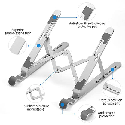 Tynctway Laptop Stand, Adjustable Computer Holder Aluminum Riser, Non-Slip Metal Compatible with MacBook Air Pro Foldable Portable Tablets Holder for 10" to 15.6" Notebook Computer (Silver)