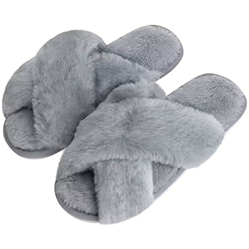 DOIOWN Women’s Fuzzy Slippers Cross Band Fluffy Slippers Faux Fur Slippers Plush House Open Toe Cozy Slippers for Women (Grey, Size 11-12)