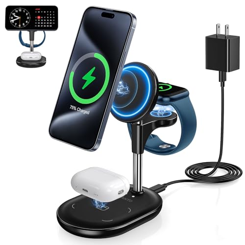 3 in 1 Wireless Charging Station for Apple MagSafe Charger, 15W Fast Magnetic Mag-Safe Charger Stand for iPhone 15 14 13 12 Series Apple Watch AirPods Multiple Devices,Adjustable Angle, Gifts for Men