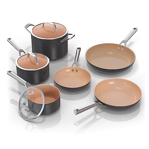 Ninja CW99009 Extended Life Premium Ceramic Cookware Set, Nonstick Fry Pans, PFAS Free, Healthy Cooking, Oven Safe to 550°F, Dishwasher Safe, All Stovetops & Induction Compatible, Grey, 9 Piece Set