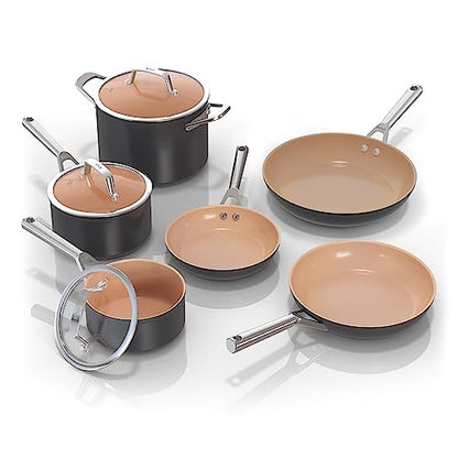 Ninja CW99009 Extended Life Premium Ceramic Cookware Set, Nonstick Fry Pans, PFAS Free, Healthy Cooking, Oven Safe to 550°F, Dishwasher Safe, All Stovetops & Induction Compatible, Grey, 9 Piece Set