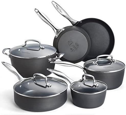 All in One Pan 10-Piece Pots and Pans Nonstick Hard-Anodized Non Toxic Cookware Set, Aluminum kitchen set pots and pans,Dishwasher Suitable, Black
