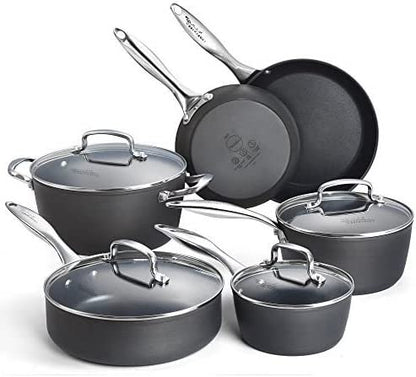All in One Pan 10-Piece Pots and Pans Nonstick Hard-Anodized Non Toxic Cookware Set, Aluminum kitchen set pots and pans,Dishwasher Suitable, Black