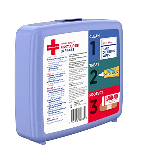 Band-Aid Travel Ready Portable Emergency First Aid Kit for Minor Wound Care with Assorted Adhesive Bandages, Gauze Pads & More, Ideal for Travel, Car & On-The-Go, 80 pc