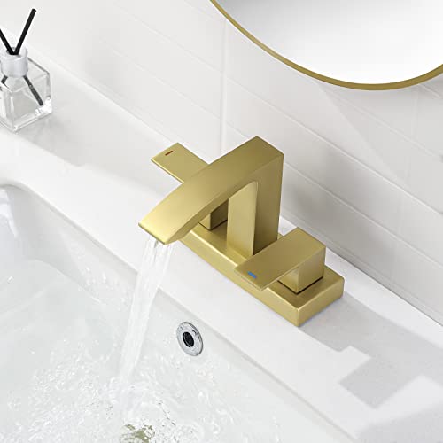 KES Brushed Gold Bathroom Faucet Two Handles 3 Hole 4 Inches Centerset Modern Vanity Brass Faucet, L4101LF-BZ