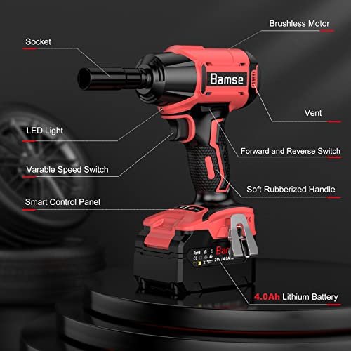 Bamse Impact Wrench Cordless, Brushless Power Impact Gun 21V, 1/2'', 4.0Ah Battery, 3200RPM & Max Torque 480 Ft-lbs (650N.m) with 4 Sockets, Electric Impact Driver for Car Tires and Home
