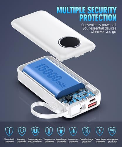 LOVELEDI Power Bank, Portable Charger, 15000mAh PD 30W Fast Charging, Built in Type-C and iOS Output Cables Equipped with LED Display for iPhone Series and Most Electronic Devices(White)