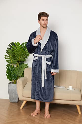 iniber Mens Robe Soft Lightweight Hooded Robes Full Length Robe for Men，Plus Size XS-4XL Warm Plush Bathrobe with Pockets