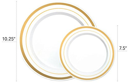 125-Piece White and Gold Fancy Plastic Plates Disposable with Silverware, Elegant Dinnerware for Weddings, Holiday Party China, Set of 25 Dinner + Salad Plates, 25 Spoons, 25 Forks, 25 Knives