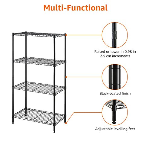 Amazon Basics 4-Shelf Adjustable Storage Shelving Unit, 200 Pound Loading Capacity per Shelf, Steel Organizer Wire Rack, 24 x 14 x 48 Inches (LxWxH), Black