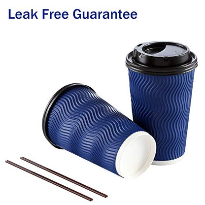Disposable Coffee Cups with Lids and Straws - 16 oz (90 Set) Togo Hot Paper Coffee Cup with Lid To Go for Beverages Espresso Tea Insulated Reusable Cold Drinks Ripple Cups Protect Fingers From Heat!