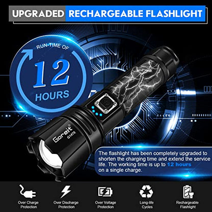 Goreit Flashlight High Lumens Rechargeable, 200000 Lumen Led Flashlights XHP70.2 USB Super Bright Flash Light Battery Powered, Powerful Handheld Flashlights for Emergencies Camping, IP67 Waterproof