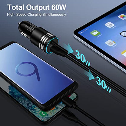 Android 60W USB Type C Car Charger Adapter Plug Fast Charging for Samsung Galaxy S23 Ultra/S23+/A14 5G/A54/A34/S22 Ultra/A13/A53/A23/A03S/A12, Type C Car Cigarette Lighter USB Charger USB C Cable 3FT