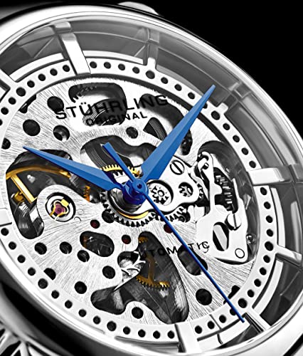 Stuhrling Original Mens Automatic Watch Skeleton Stainless Steel Self Winding Dress Watch with Premium Leather Band Legacy Collection (Silver)