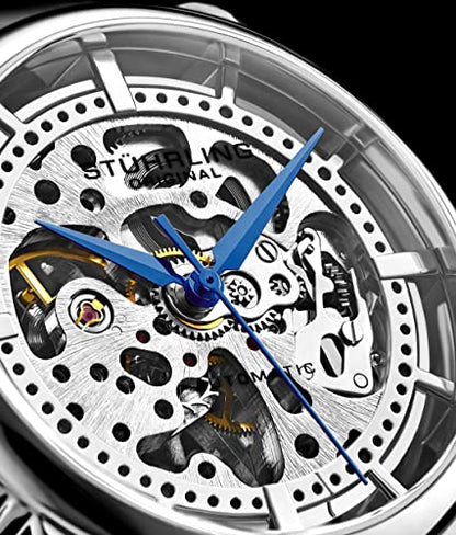 Stuhrling Original Mens Automatic Watch Skeleton Stainless Steel Self Winding Dress Watch with Premium Leather Band Legacy Collection (Silver)