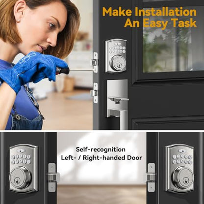 Keyless Entry Door Lock with Handle,Brightify Electronic Keypad Deadbolt, Front Door Lock Set keyless Entry - Auto Lock,Backlit,Easy Installationm, Front Door Handle Sets, Satin Nickel Brushed