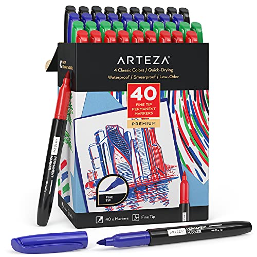 ARTEZA Colored Permanent Markers, Set of 40, 4 Classic Colors, Fine Tip, Smear-Proof, Waterproof, Paint Pens for Plastic, Stone, Glass, Wood, Ceramics