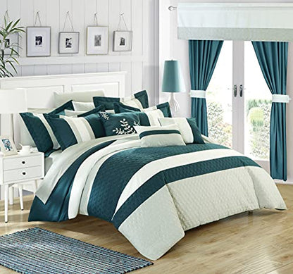 Chic Home CS3027-AN Covington 24 Piece Comforter Set Embroidered Bed in a Bag with Sheets Curtains, Queen, Teal