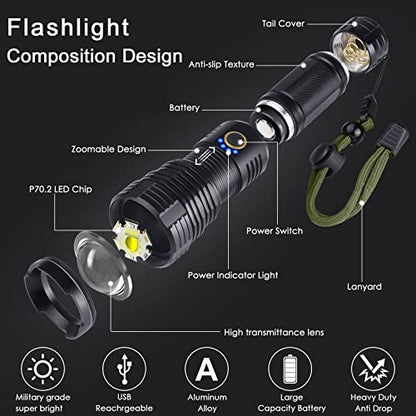BengMxj Rechargeable LED Flashlights, 90000 High Lumens Flashlight, XHP70 Tactical Flashlight with Zoomable, 5 Modes, Super Bright Waterproof Flashlights for Emergencies, Camping, Hiking