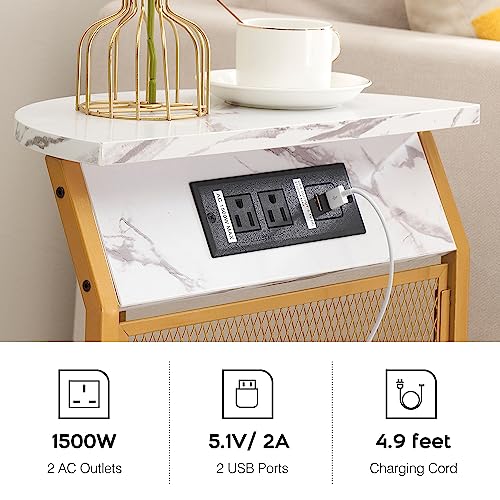 IDEALHOUSE Round End Table with Charging Station, Gold Side Table with USB Ports and Outlets, Sturdy Circle End Table for Living Room, Bedroom and Couch