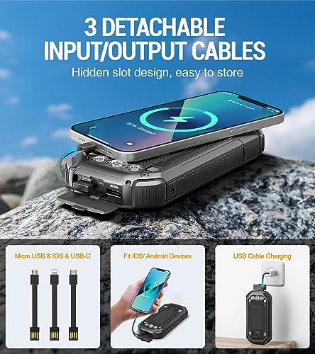 Solar Power Bank 36000mAh,Solar Charger Wireless Built in 3 Cables IPX5 Waterproof Portable Solar External Battery Pack with 3 Input 4 Output 15W USB C Port Camping Flashlight iPhone Samsung Tablet
