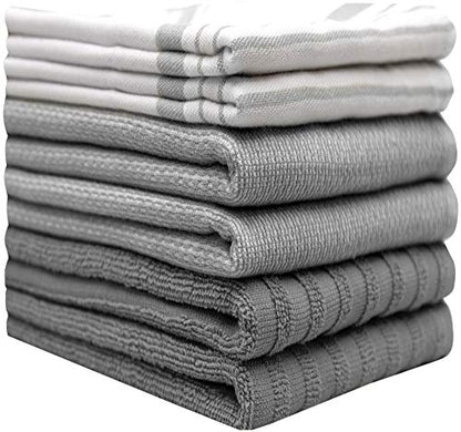 Premium Kitchen Towels 20”x 28”- 6 Pack| Large Cotton Kitchen Towels | Hand Towels for Kitchen | Flat & Terry Towel | Dish Towels | Highly Absorbent Tea Towels Set with Hanging Loop | Grey Striped